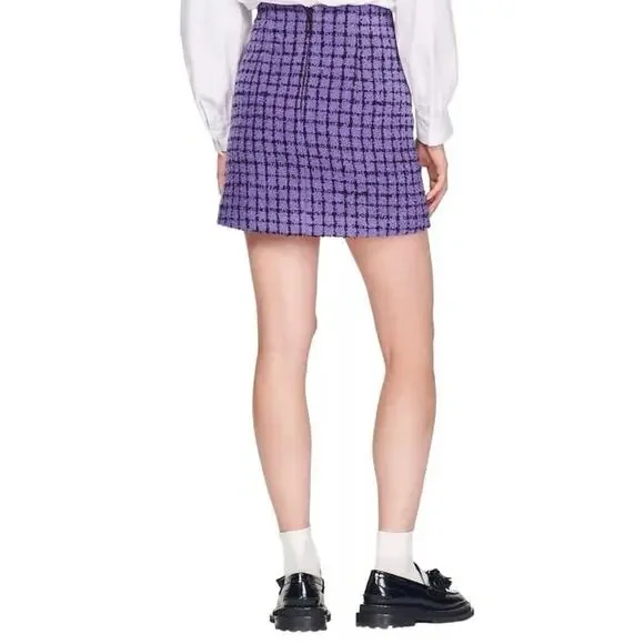 Sandro Clarinette Purple Checkered Plaid Tweed Straight Pencil Mini Skirt Sz 36 - Picture 3 of 8